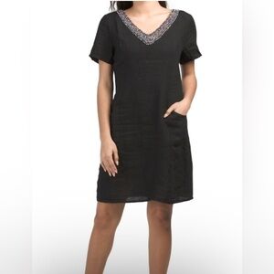 Lina Tomei Linen SS Shift Black Dress Pockets Women Sz S Beaded V-Neck
Italy NWT